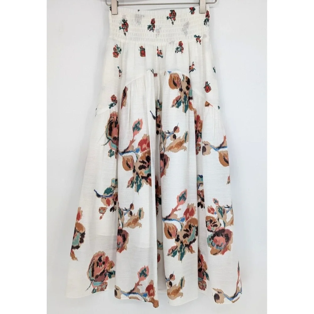 Vince White Floral Gauze Shirred Midi Skirt XS Romantic Minimalist Cottage Chic - Picture 1 of 13